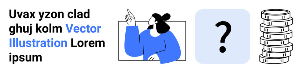 Person gesturing towards a question mark alongside a stack of coins, symbolizing financial choices or problem-solving. Ideal for guidance, education, investment, strategy, uncertainty, finance