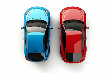 Top View of Two Stylish Sports Cars in Vibrant Blue and Red Colors on White Backgrounds