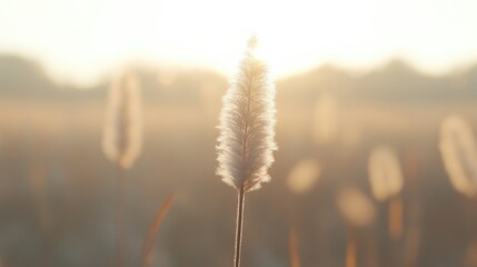 Obraz premium Fluffy grass flower at sunrise. Soft, pale light bathes a field of tall grasses, a single, fluffy flower in sharp focus against a backdrop of golden, out-of-focus plants