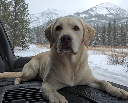 Yellow Lab in Snowy Mountain Car