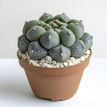 Astrophytum asterias cactus in pot with white pebbles