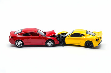 Fototapeta premium Damaged Red and Yellow Toy Cars After a Collision on a White Background
