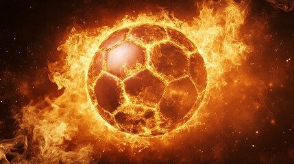 A soccer ball engulfed with flames burning brilliantly in space
