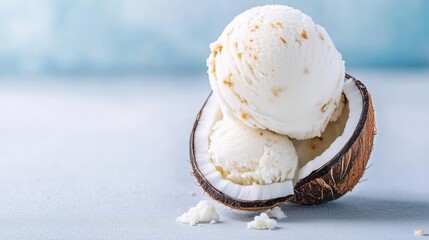Fototapeta premium Two scoops of coconut ice cream in a half coconut shell