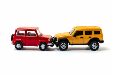 Fototapeta premium Red And Yellow Toy Cars Colliding On A White Background Representing A Car Accident Concept and Illustration of Safety Measures for Vehicles in a Collision Scenario.An Example of