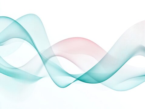 Abstract sound waves in soft cyan and pastel pink, flowing across a white background in a seamless, fluid motion