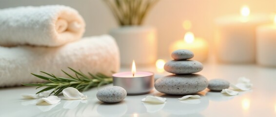 A serene spa arrangement featuring candles, rolled towels, smooth pebbles, and decorative foliage, evoking a peaceful and relaxing ambiance.

