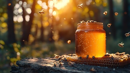Golden honey in a jar, surrounded by busy bees at sunset in a forest