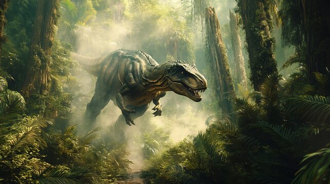 Powerful Abelisaurus stalking through a dense jungle its muscular frame moving stealthily between ancient trees Mist rises from the forest floor adding to the eerie atmosphere