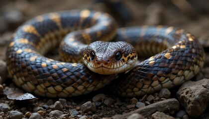 Fototapeta premium Coiled Snake Resting on Ground with Distinctive Markings Close-up Shot