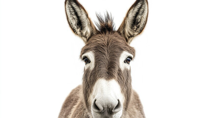 Donkey with perked ears and gentle eyes on white background