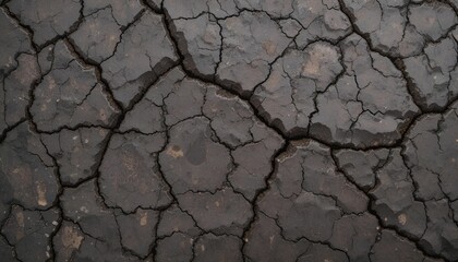 A close up shot of cracked dark soil showing a pattern of dry mud with many fissures and crevices