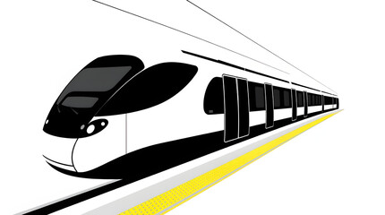 Naklejka premium Modern high-speed train at station in rain, sleek design, blue and white with orange accents.