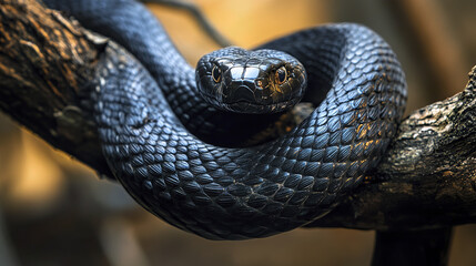 Fototapeta premium Close up of black snake coiled around tree branch