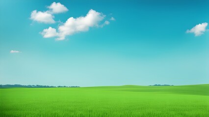 Fototapeta premium Vast green field under a bright blue sky fluffy white clouds. Peaceful landscape ideal various uses.