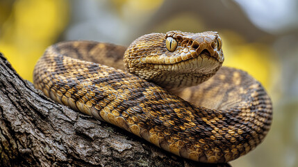 Obraz premium Coiled brown snake on tree branch with focused gaze