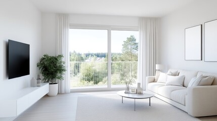 Fototapeta premium Bright, modern living room with panoramic views. Spacious, minimalist design, featuring large windows overlooking a tranquil landscape. 