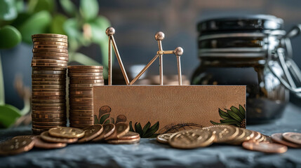 Career milestone celebration card featuring success chart rising upward stack of coin symbolizing financial growth elegant script reading Journey Begins blank section one side allows adding personal