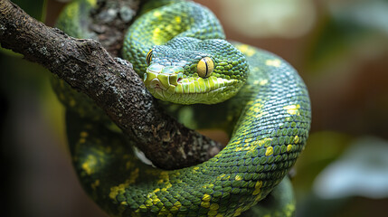 Fototapeta premium Close up of green snake coiled around tree branch