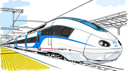 A modern, sleek train at a station, depicted in vibrant, artistic digital rendering.