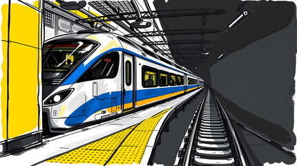 Obraz premium A modern, sleek train at a station, depicted in vibrant, artistic digital rendering.