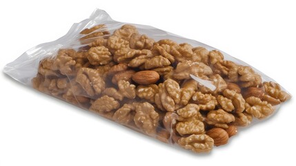 Obraz premium Fresh Walnuts and Almonds in a Clear Plastic Bag