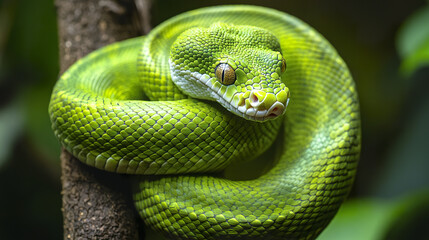Fototapeta premium Close up of vibrant green snake coiled around branch