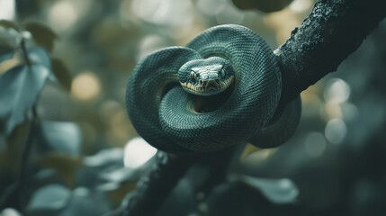 Fototapeta premium Green snake coiled around tree branch in forest setting