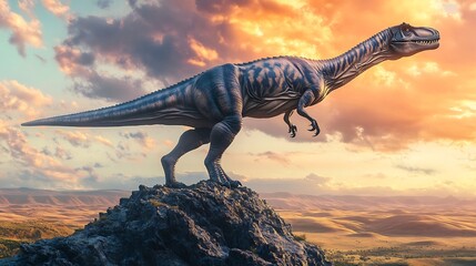 Powerful Albertosaurus standing atop rocky outcrop scanning open plains prey sky behind glows with the rich colors of an impending storm as its muscular frame casts a long shadow over the valley below