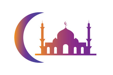 Eid Mubarak Mosque Silhouette with Crescent Moon - Islamic Festival Vector.