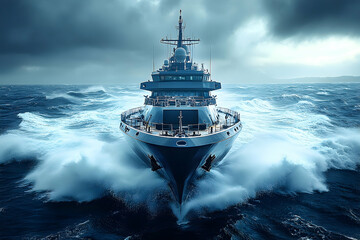 Warship navigating rough seas