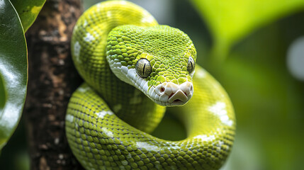 Fototapeta premium Close up of green snake coiled around tree branch