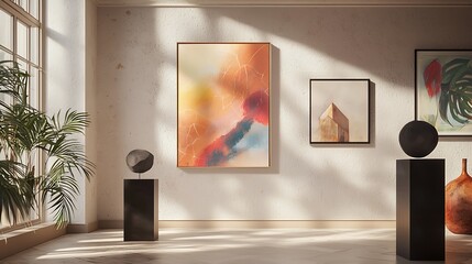 Artistic gallery wall mockup showcasing a sculptural frame with dynamic abstract artwork