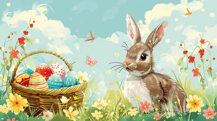 Cheerful Easter wish card pastel colored basket filled decorated egg blooming spring flower cute bunny hopping through field central blank section golden border available adding recipient name warm