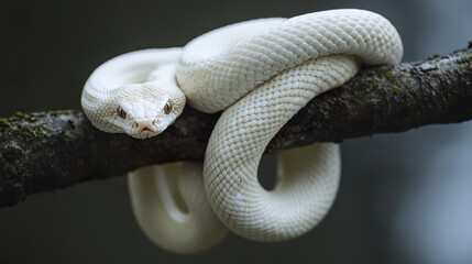 Fototapeta premium White snake coiled on tree branch in natural setting