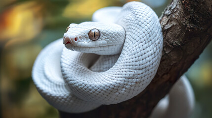 Fototapeta premium Close up of white snake coiled around tree branch