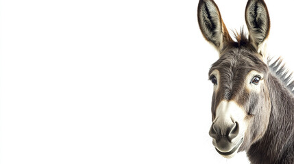 Donkey peeking into frame from right on white background