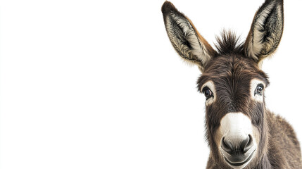 Donkey peeking into frame from right on white background