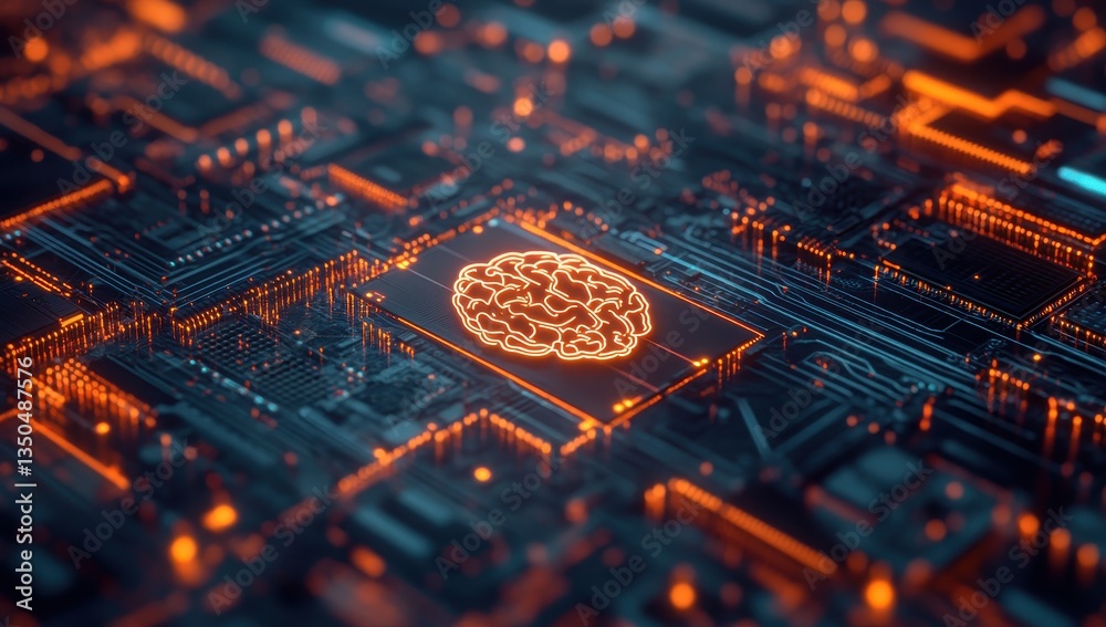 Poster abstract digital representation of artificial intelligence with a brain symbol on an intricate circu
