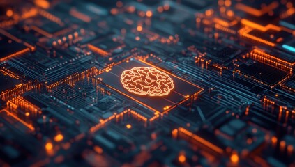 Abstract digital representation of artificial intelligence with a brain symbol on an intricate circuit board background in vibrant orange and blue hues