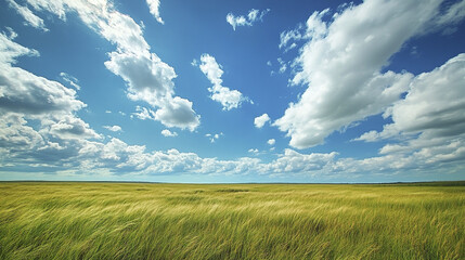 Obraz premium Expansive grassy plain under brilliant sky with soft wind
