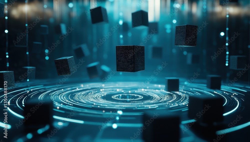 Poster Abstract digital scene with floating geometric shapes in a futuristic environment featuring glowing lines and a captivating visual effect on an unknown axis