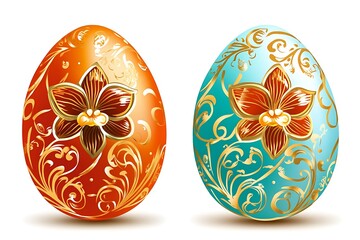 Fototapeta premium Two ornate easter eggs feature floral decorations and swirls
