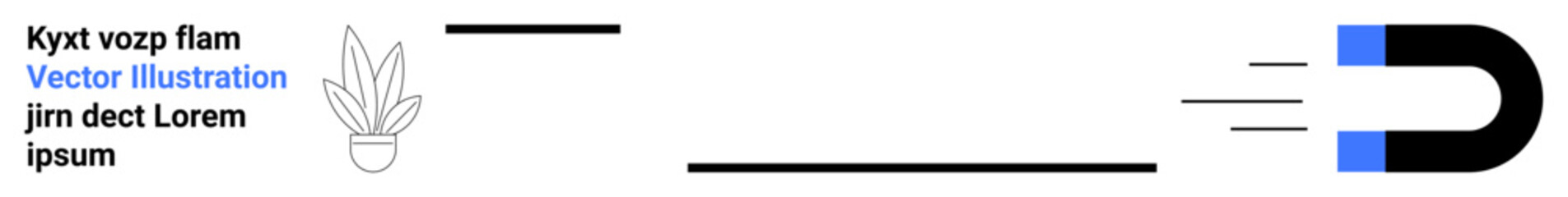 Black horseshoe magnet pulling force with directional lines, potted plant outline, and placeholder text. Ideal for technology, science, attraction, minimalism, energy, design flat landing page