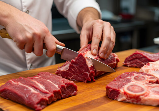 Butcher’s Hands Trimming Fresh Beef on Wooden Cutting Board - Powered by Adobe