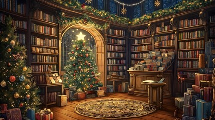 Obraz premium Christmas Library: a cozy and inviting library decorated for the holiday season, showcasing a beautifully adorned Christmas tree and a collection of books, presents, and festive ornaments.