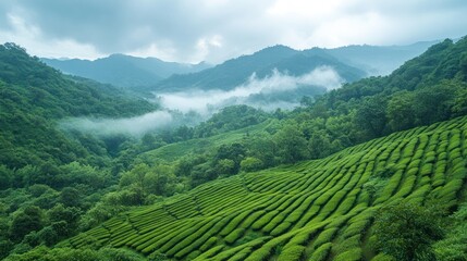 Misty tea plantation landscape view