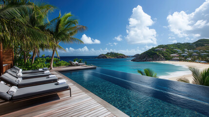 Elegant Oceanfront Pool with Deck Chairs and Panoramic Beach View on a Beautiful Sunny Day, Perfect for Relaxation and Leisure