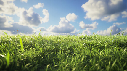 Fototapeta premium Lush green meadow under bright blue sky with fluffy clouds