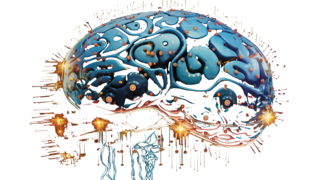 3D rendering of a human brain with a sleek, metallic digital surface and illuminated circuits, isolated on white background